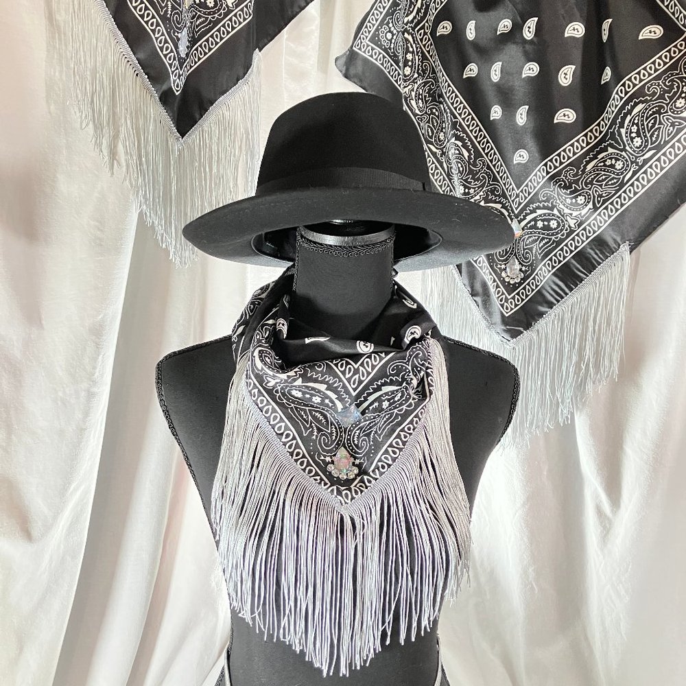Fringed Blinged out Black Bandana with - Picture 11 of 16